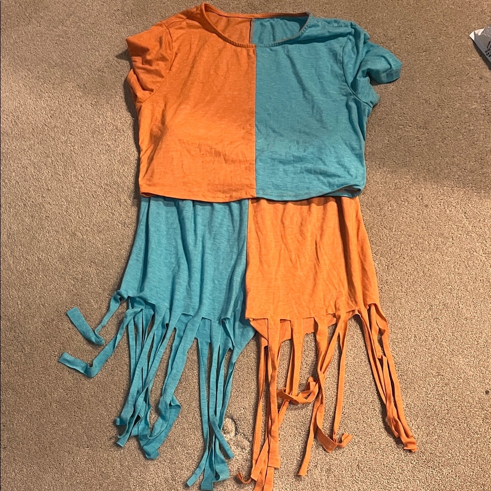 SHEIN Orange and Blue Fringe Bike Shorts Set
